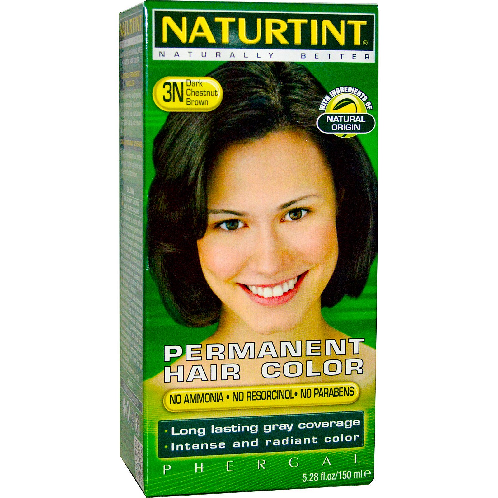 Naturtint 3N Dark Chestnut Brown hair color box featuring a smiling woman with dark hair, highlighting "Permanent Hair Color," "No Ammonia," and "Natural Origin" on a green background.