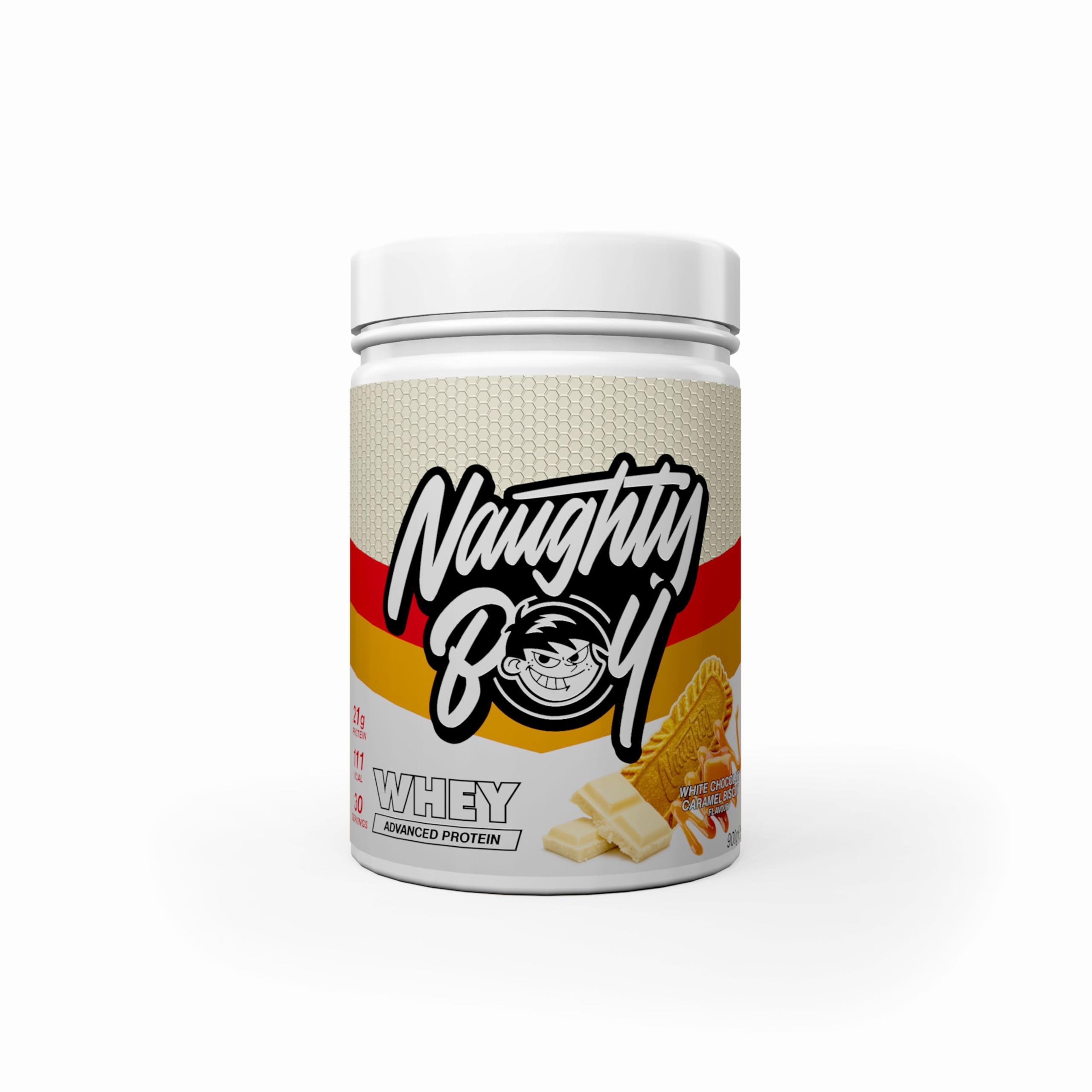 Naughty Boy Advanced Whey Protein tub in white and gold, featuring a playful logo, with a flavor label for White Chocolate Caramel Biscuit, containing 900g and 30 servings.