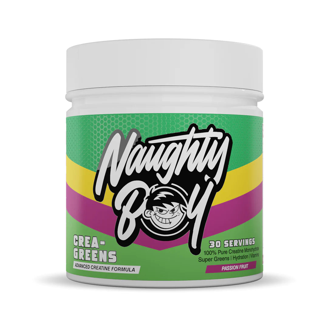 Naughty Boy Crea-Greens 270g container in vibrant green, yellow, and purple, featuring a playful logo and "Passion Fruit" flavor label, with 30 servings noted.