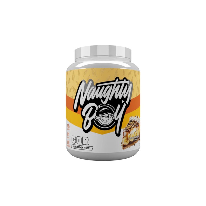 Naughty Boy Cream of Rice 2kg in a white plastic container with a yellow and black label featuring a cartoonish logo and a caramel biscuit illustration.