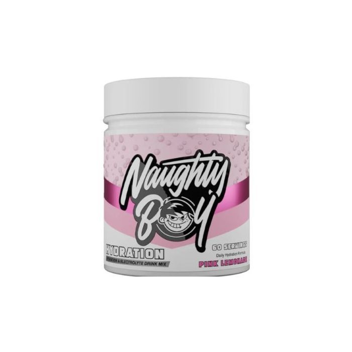 NaughtyBoy® Hydration drink mix in a white container with a pink and black label, featuring a playful logo, labeled "Pink Lemonade" and offering 60 servings.