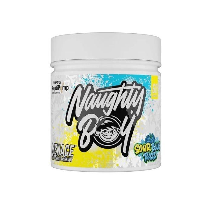 Naughty Boy Menace V2 420g container featuring a vibrant design with blue and white colors, a playful logo, and the flavor "Fruit Twist" prominently displayed.