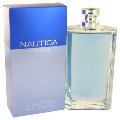 Clear glass bottle with a silver cap, featuring a light blue liquid inside, alongside a blue and silver box labeled "NAUTICA VOYAGE" in bold letters, 6.7 oz size.