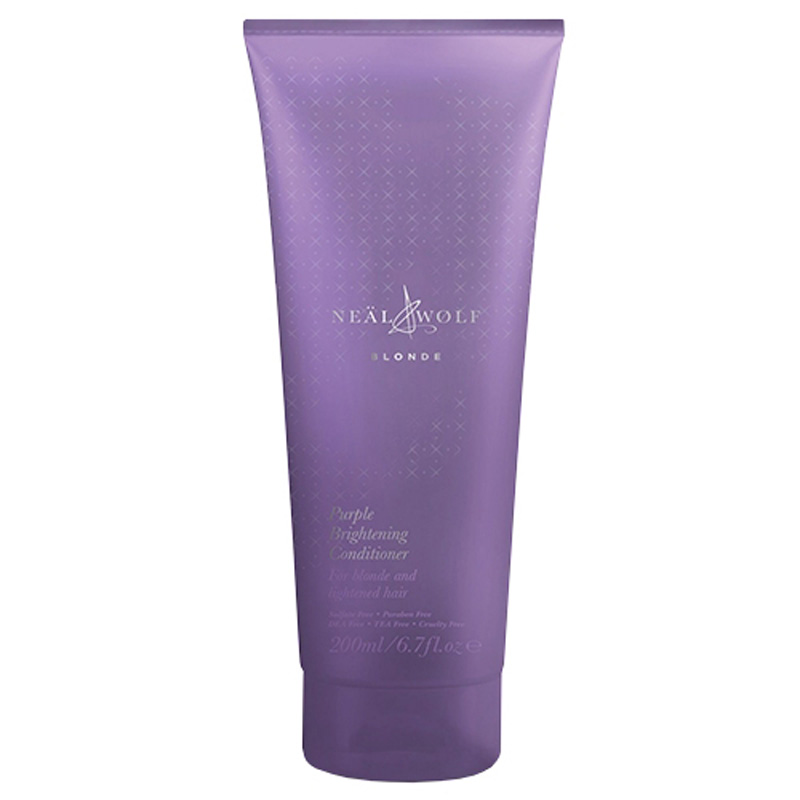 Purple tube of Neal & Wolf BLONDE Purple Brightening Conditioner, 200ml, featuring a sleek design and embossed logo, ideal for enhancing and maintaining blonde hair.