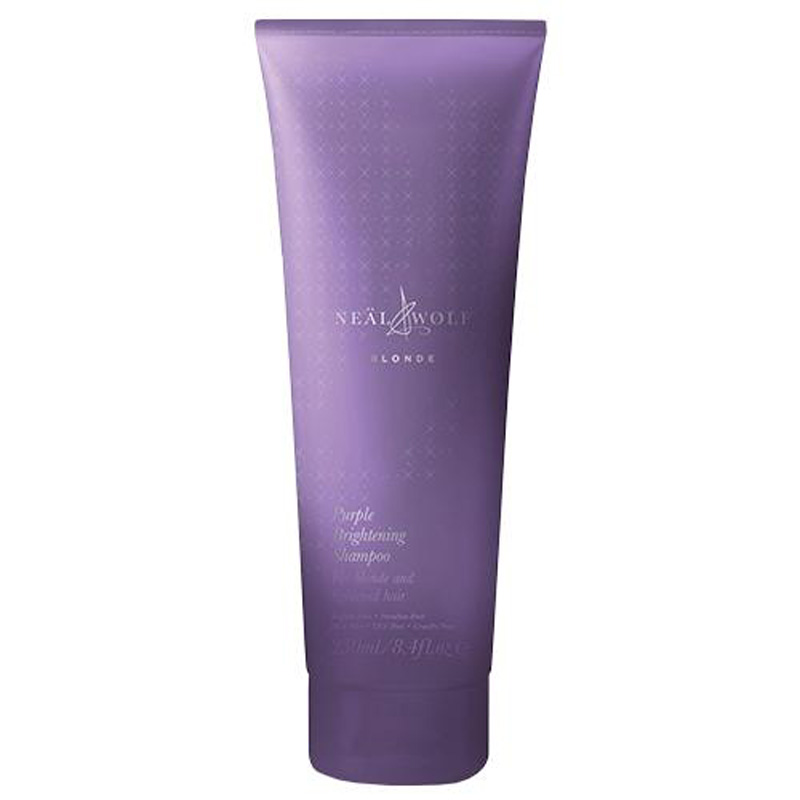 Purple tube of Neal & Wolf Blonde Purple Brightening Shampoo, 250ml, featuring a sleek design with white text and a logo, ideal for enhancing blonde hair tones.