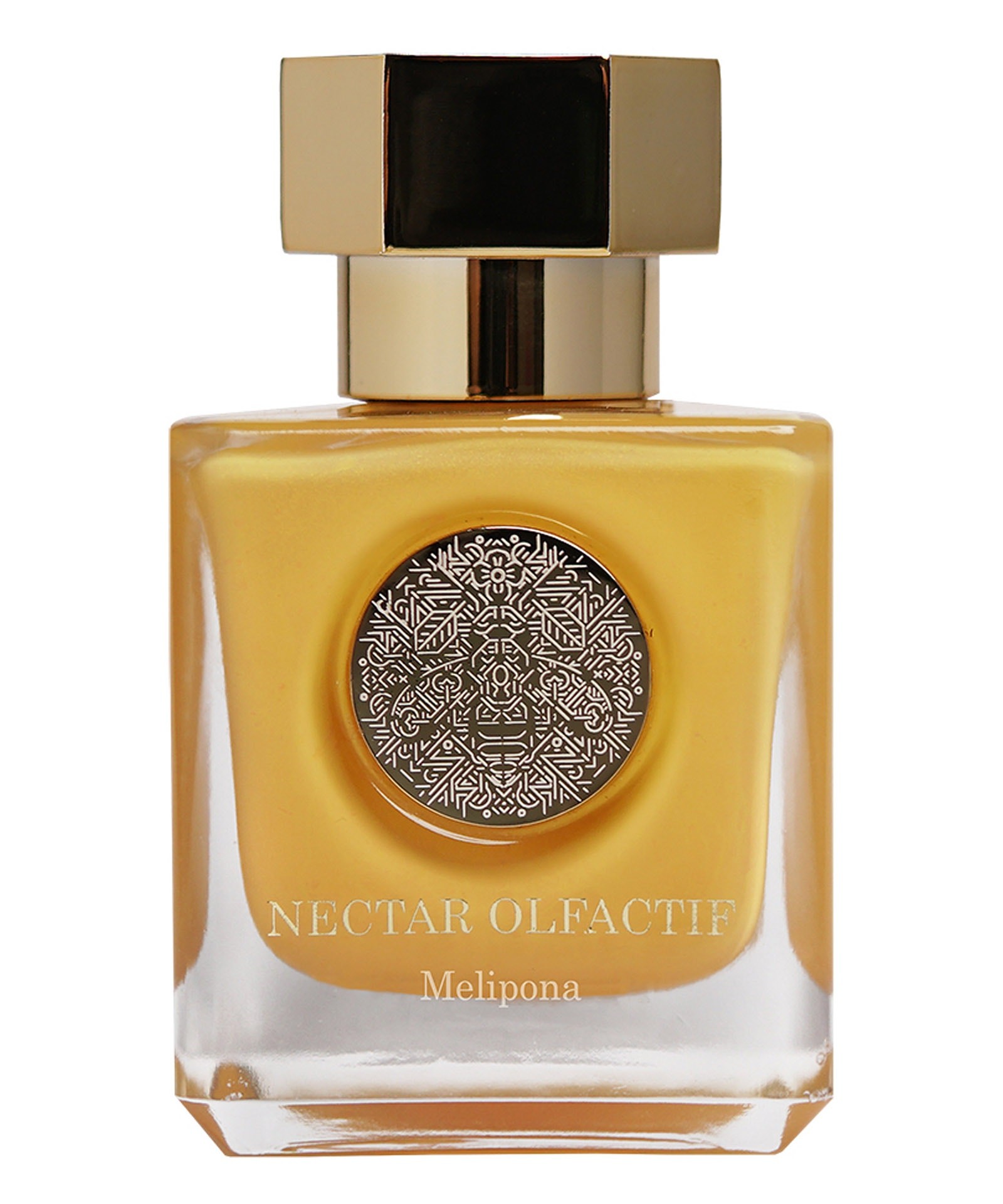 Square glass bottle with a gold cap, featuring a round metallic label with intricate design, filled with a golden yellow liquid labeled "Nectar Olfactif Melipona - 100 Ml Extract."