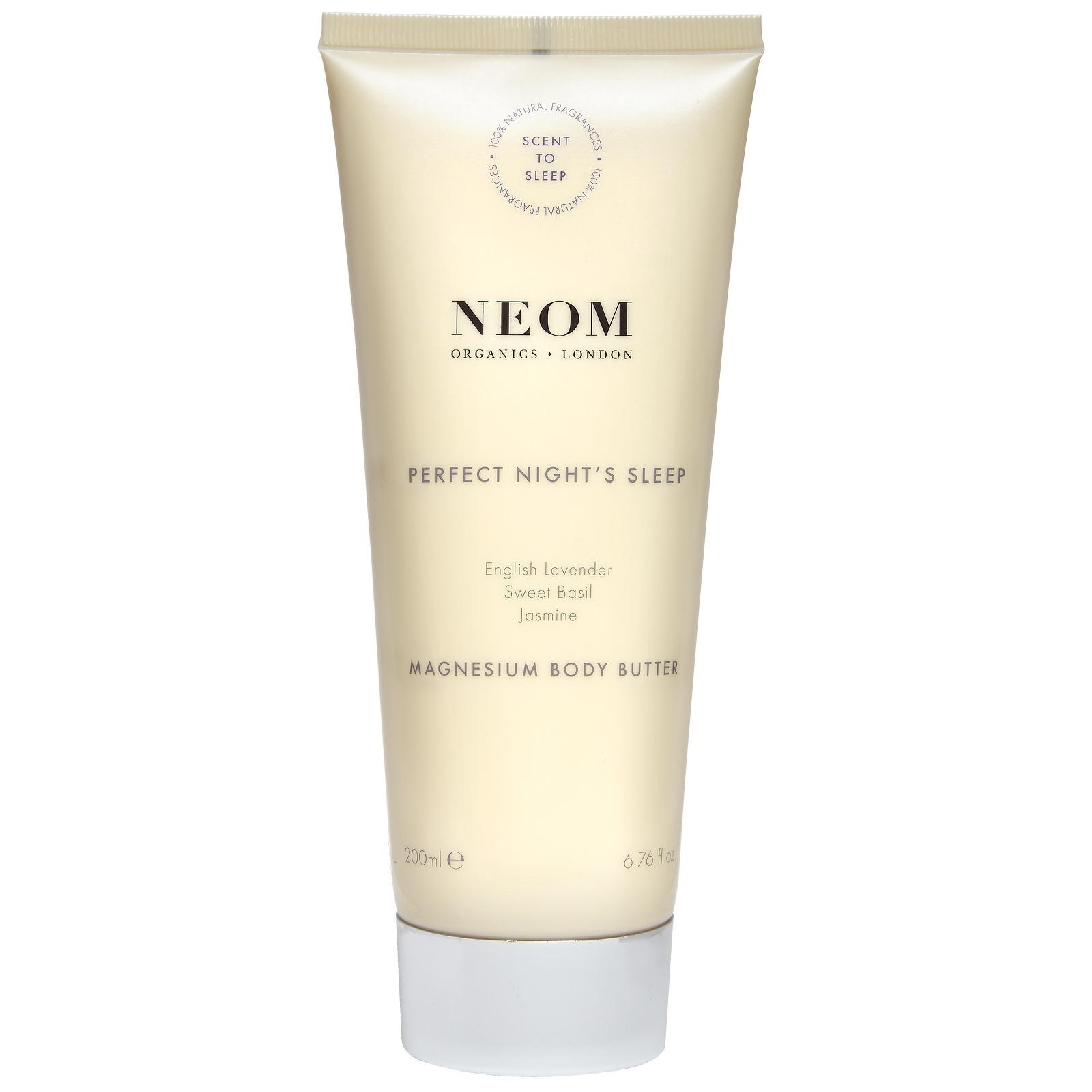 Creamy beige tube of NEOM Organics London Perfect Night's Sleep Magnesium Body Butter, featuring a white label with black text and a floral scent blend of lavender and jasmine.