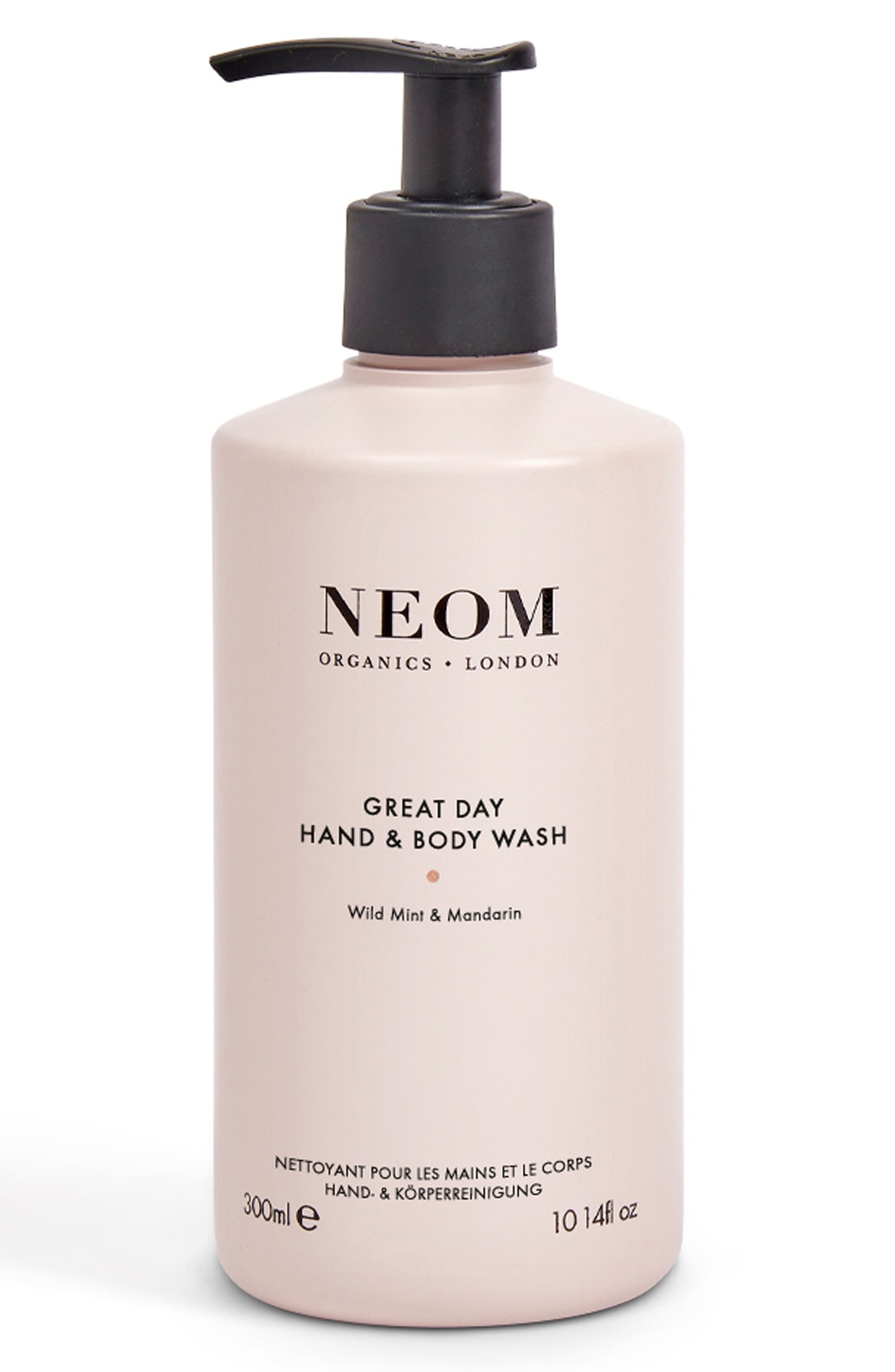 Light pink bottle with a black pump top, labeled "NEOM Great Day Hand and Body Wash 300ml," featuring a minimalist design and text in black, highlighting Wild Mint & Mandarin scent.