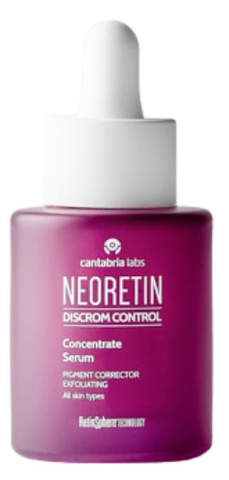 Purple glass dropper bottle with a white dropper cap, labeled "NEORETIN DISCRROM CONTROL Concentrate Serum" for pigment correction and exfoliation, suitable for all skin types.