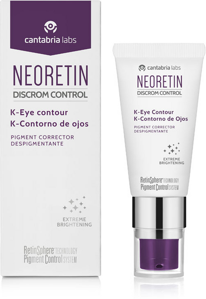 NEORETIN Discrom Control K Eye Contour 15ml features a sleek white tube with a purple cap, housed in a matching box, designed for brightening and correcting pigmentation around the eyes.
