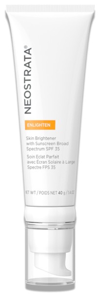 White tube with a flip-top cap, labeled "Neostrata Enlighten Skin Brightener with Sunscreen Broad Spectrum SPF 35," featuring sleek, modern design and clear text.