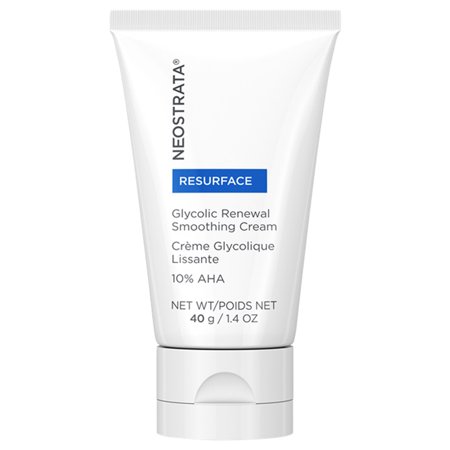 White tube with a flip-top cap, labeled "NeoStrata Glycolic Renewal Smoothing Cream," featuring a blue and gray design, 40g, for non-sensitive skin, emphasizing anti-aging benefits.
