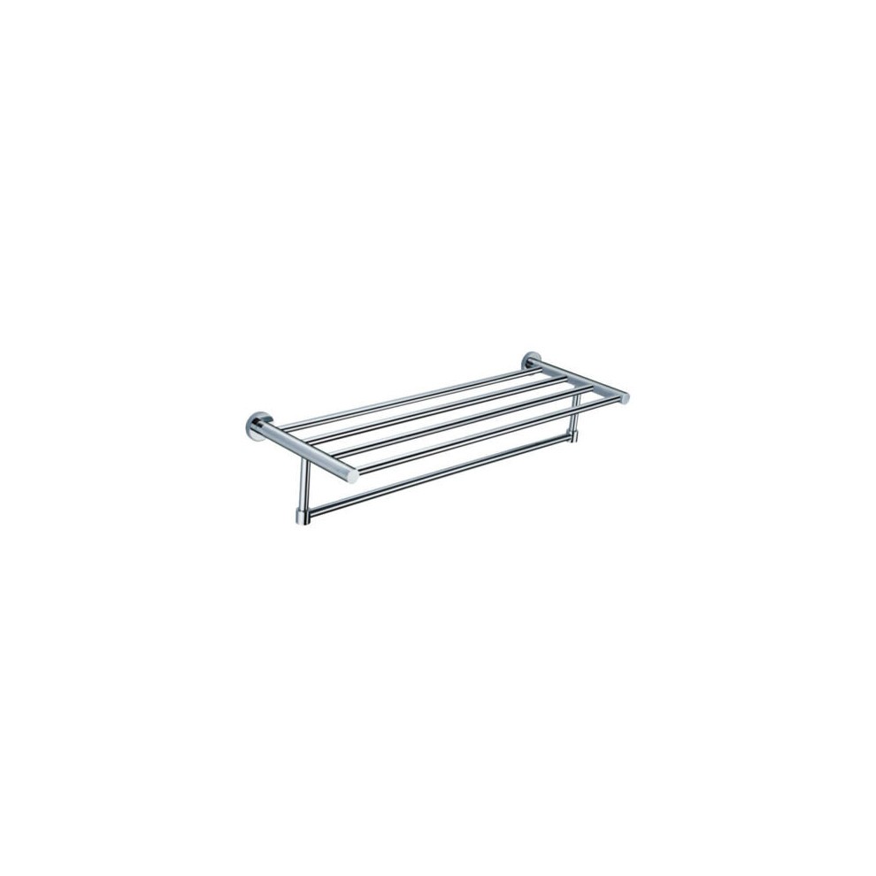 High-quality brass towel shelf rack with a sleek chrome finish, featuring two horizontal rails for hanging towels, mounted on circular wall brackets.