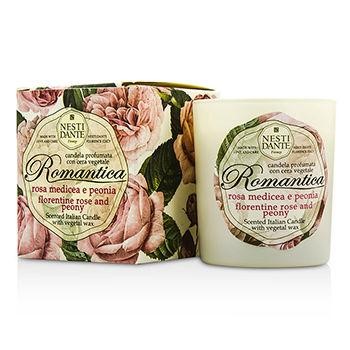 Scented candle in a white glass container with floral design, featuring pink roses and peonies, packaged in a decorative box with a similar floral motif.