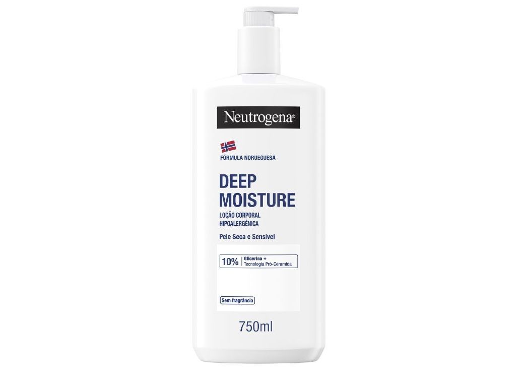 White plastic pump bottle of Neutrogena Deep Moisture lotion for sensitive skin, 750ml, featuring blue text and a Norwegian flag emblem, labeled as hypoallergenic and fragrance-free.