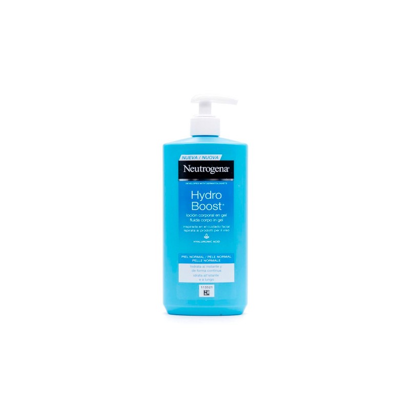 Neutrogena Hydro Boost Gel Body Lotion in a 400ml blue plastic bottle with a pump dispenser, featuring a prominent black and white label.
