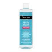 Clear plastic bottle of Neutrogena Hydro Boost Triple Micellar Water, 400ml, featuring a blue liquid, black and white label, and highlighted claims of waterproof makeup removal.