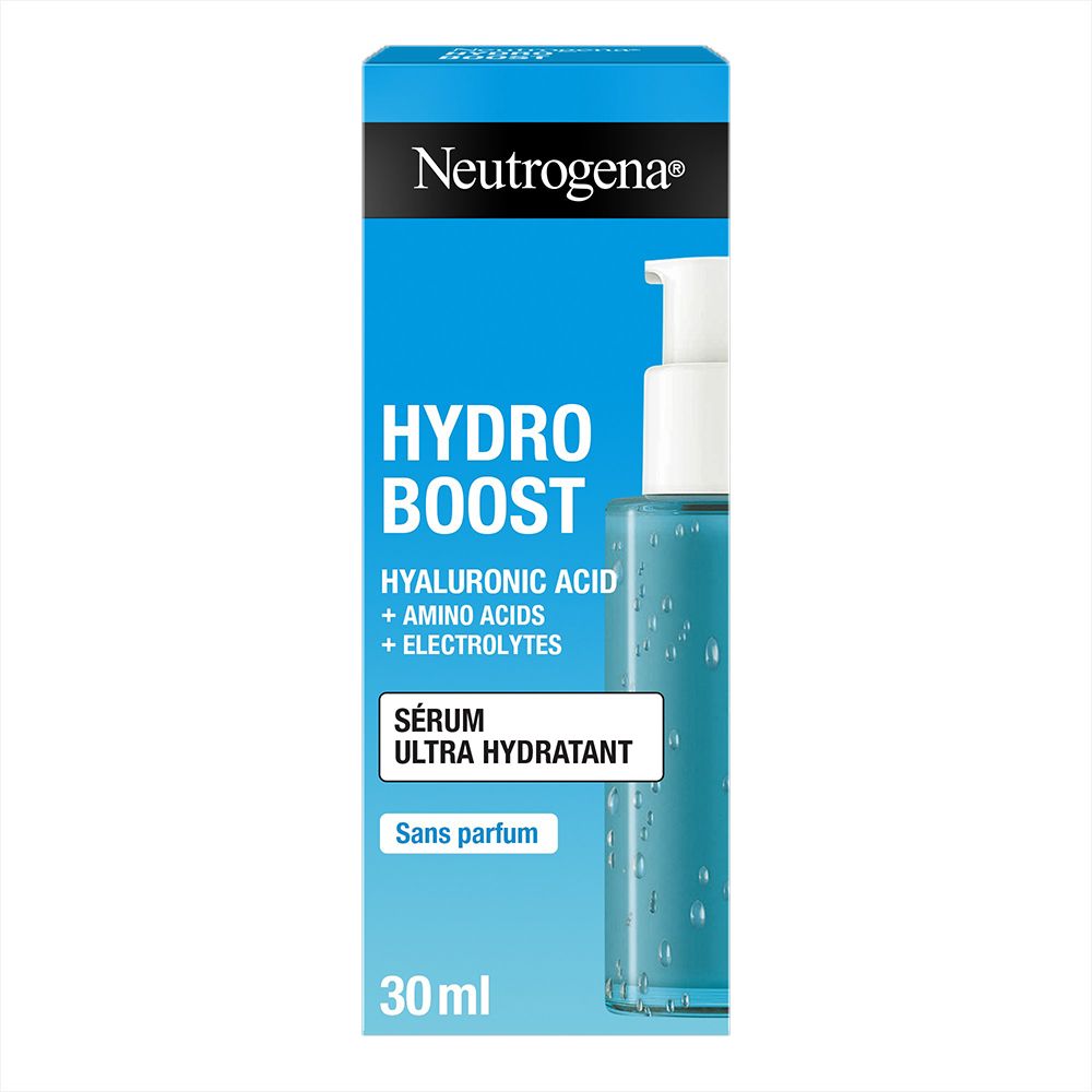 Neutrogena Hydro Boost Serum in a turquoise box, featuring a pump dispenser, labeled with key ingredients like hyaluronic acid and electrolytes, and marked as fragrance-free, 30ml.