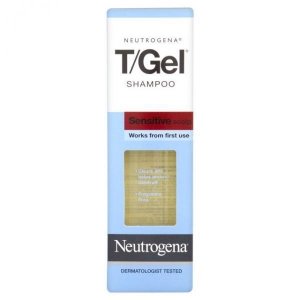 Neutrogena T/Gel Sensitive Scalp Anti-Dandruff Shampoo in a blue and white box, featuring a transparent window, labeled 125ml, with dermatologist-tested branding.