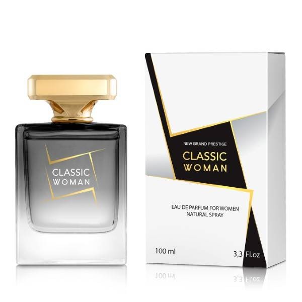 Clear glass bottle with a gold cap, featuring a black and gold label that reads "CLASSIC WOMAN," alongside a white box with gold accents, labeled "Eau de Parfum for Women."