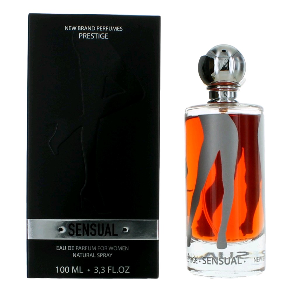 Clear glass bottle with a silver cap, showcasing amber liquid, beside a sleek black box featuring a silhouette and the word "SENSUAL" in bold lettering.