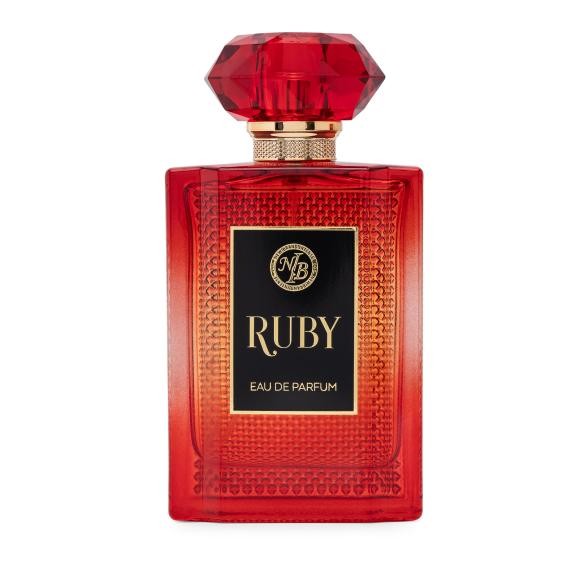 Ruby Eau De Parfum in a 100ml spray bottle features a striking red glass design with a diamond-shaped cap and a gold label displaying "NB RUBY."