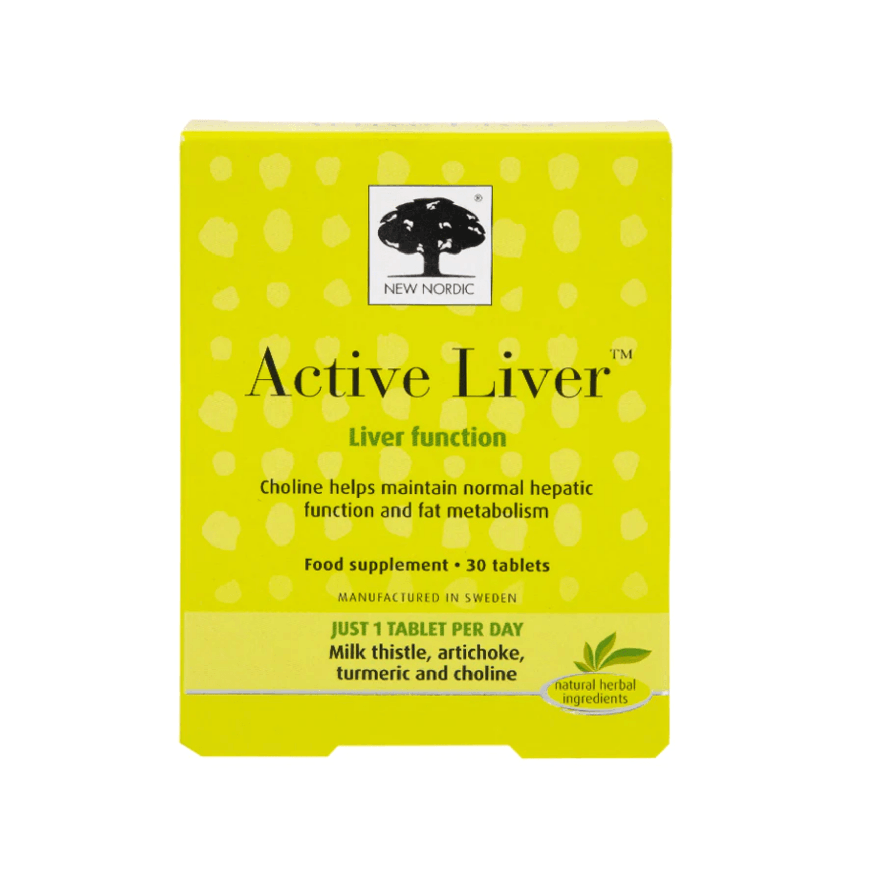 Bright yellow box with white polka dots, featuring "Active Liver" in bold black letters, and details about the product's benefits and ingredients, including milk thistle and turmeric.