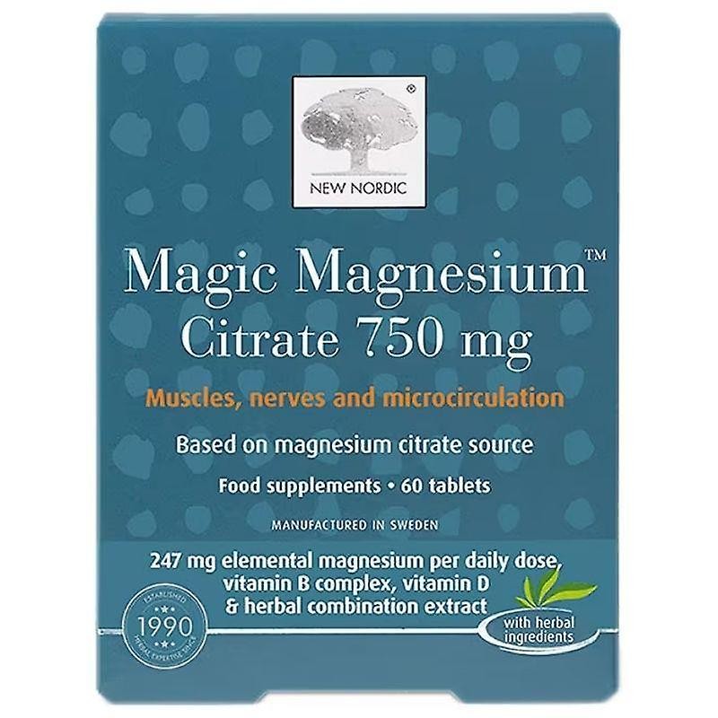 Turquoise box with white text, featuring "Magic Magnesium Citrate 750 mg" label, contains 60 tablets, highlights benefits for muscles and nerves, and includes herbal ingredients.