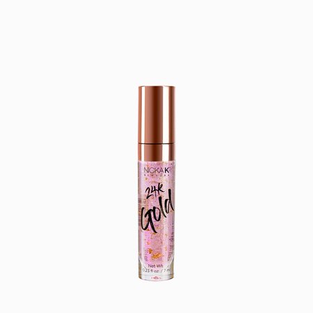 Rose gold liquid in a clear glass bottle with a sleek design, featuring a rose gold cap and bold black lettering that reads "24K Gold" by NICKA K NEWYORK.