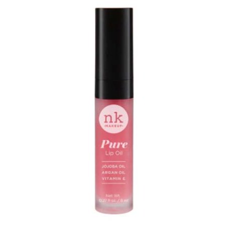 Clear tube of NK Pure Lip Oil in Cherry by Nicka K New York, featuring a black cap, pink liquid, and labels highlighting jojoba oil, argan oil, and vitamin E.