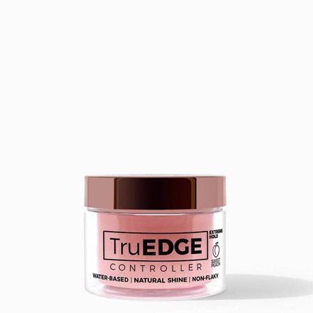 Clear jar with a rose gold lid containing a peach-colored hair gel labeled "Tyche TruEDGE Controller Extreme Hold," highlighting water-based, natural shine, and non-flaky features.