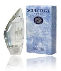 Clear glass bottle with a sleek, curved shape, featuring a silver base, next to a light blue box adorned with a textured design and the word "SCULPTURE" prominently displayed.