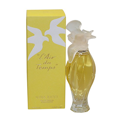 Lair Du Temps Eau De Parfum features a clear glass bottle shaped like a swan, topped with a frosted bird cap, alongside a bright yellow box with white dove designs.