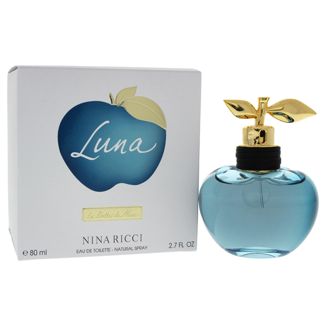 Light blue glass bottle shaped like an apple with a gold leaf cap, accompanied by a white box featuring a blue apple design and the name "Nina Ricci Luna EDT Spray 80ml."