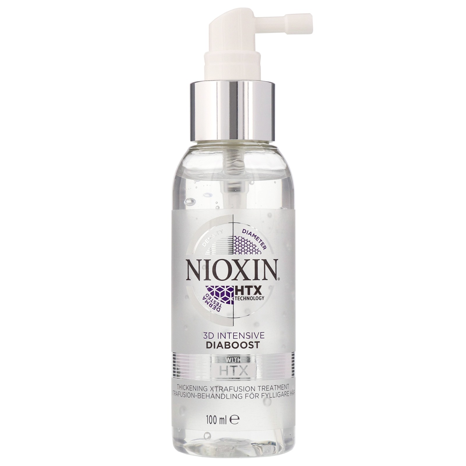 Clear plastic bottle with a silver pump, containing 100ml of Nioxin 3D Intensive Diaboost, featuring a purple and silver label with the brand logo and product details.