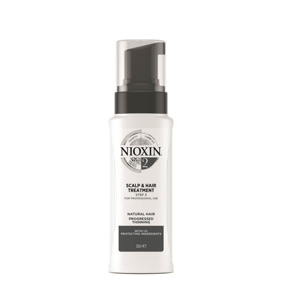 White plastic bottle with a black pump dispenser, labeled "Nioxin System 2 Scalp Treatment," designed for fine and thinning hair, featuring a sleek, modern design.
