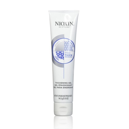 Nioxin 3D Styling Thickening Gel in a white tube with a blue and silver label, featuring a hexagonal design and "Pro Thick" text, 140 ml size.