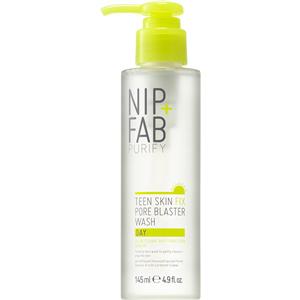Clear plastic bottle with a pump dispenser, labeled "Nip+Fab Teen Skin Fix Pore Blaster Wash Day," featuring a bright yellow cap and green accents, containing 145ml of product.