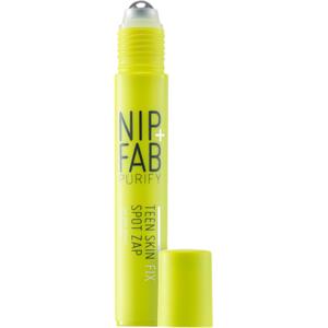 Bright yellow tube with a rollerball applicator, labeled "Nip+Fab Teen Skin Fix Spot Zap," designed for targeting blemishes and promoting clear skin.