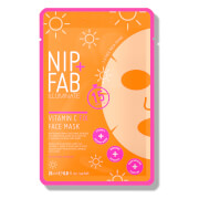 Bright orange sheet mask packaging with a smiling face design, featuring pink accents and sun graphics, labeled "NIP+FAB Vitamin C Face Mask."