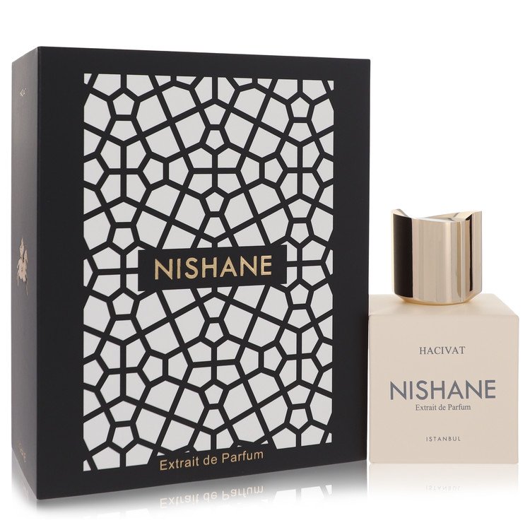 Nishane Nish Hacivat Parfum features a cream-colored bottle with a gold cap, presented in a black box adorned with a white geometric pattern and the brand name in bold black letters.