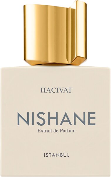 Nishane Nish Hacivat Parfum features a sleek white bottle with a gold cap, showcasing elegant typography in gray, labeled "Extrait de Parfum" and "ISTANBUL."