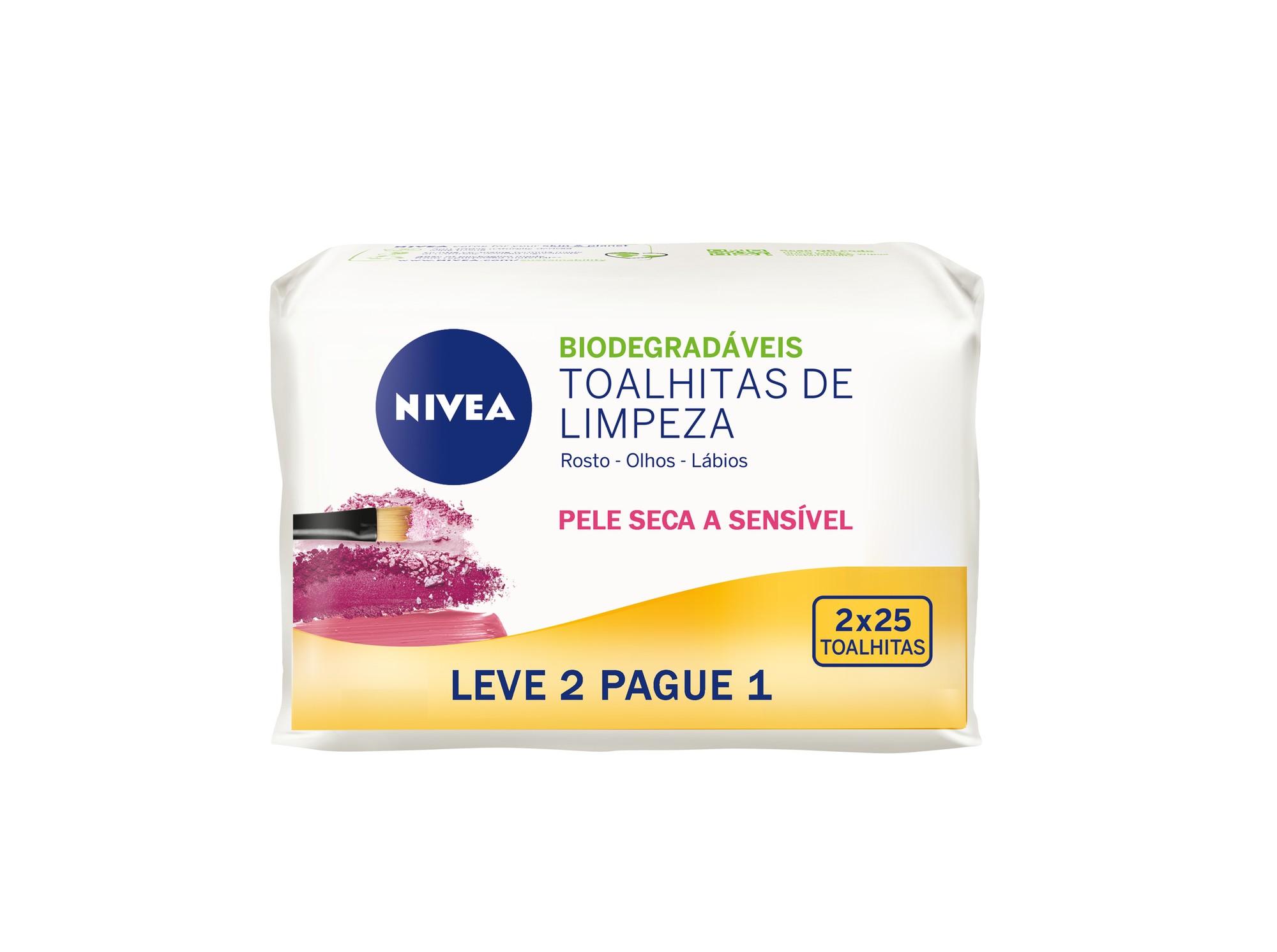 Biodegradable Nivea facial cleansing wipes pack featuring a white background, purple accents, and text indicating 25 + 25 wipes for sensitive skin.
