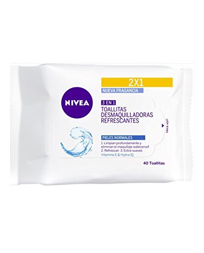 White packaging featuring Nivea branding, labeled "Toallitas Desmaquilladoras Ojos, Labios & Rostro," with a blue wave graphic, indicating 40 refreshing makeup remover wipes.