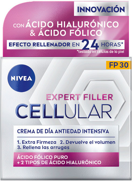 Nivea Cellular Filler Day Cream box featuring a purple and white design, highlighting hyaluronic acid and folic acid, with SPF 30, 50ml size, and claims of intensive anti-aging effects.