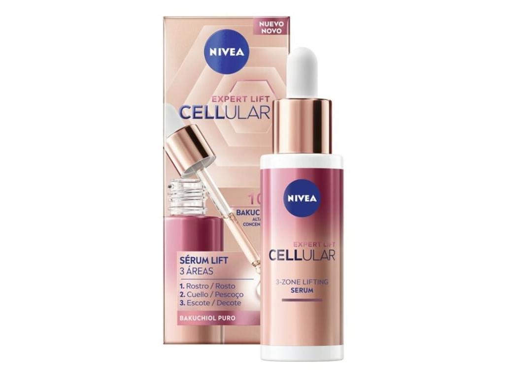 Nivea Cellular Expert Lift Serum in a sleek white and pink bottle with a dropper, featuring gold accents and a pink box labeled "Bakuchiol" and "3-ZONE LIFTING SERUM."