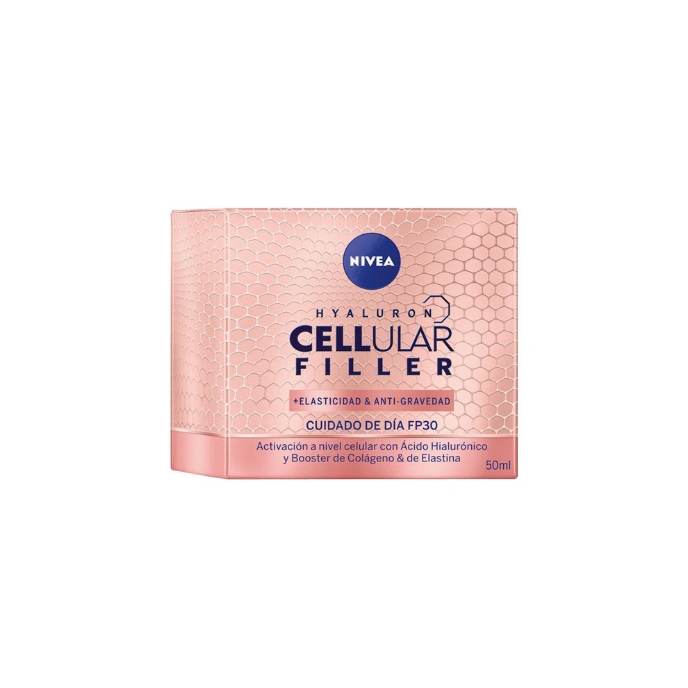 Nivea Cellular Filler Cream in a pink box, featuring a honeycomb design, labeled with "Hyaluron" and "SPF30," showcasing a 50 ml size for anti-aging skincare.