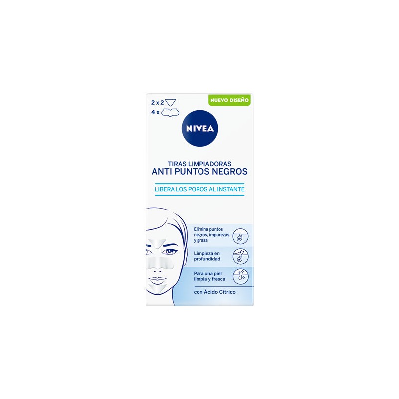 Nivea anti-blackhead cleansing strips packaging, featuring a white box with blue accents, product details, and a graphic of a woman's face, emphasizing deep pore cleansing.
