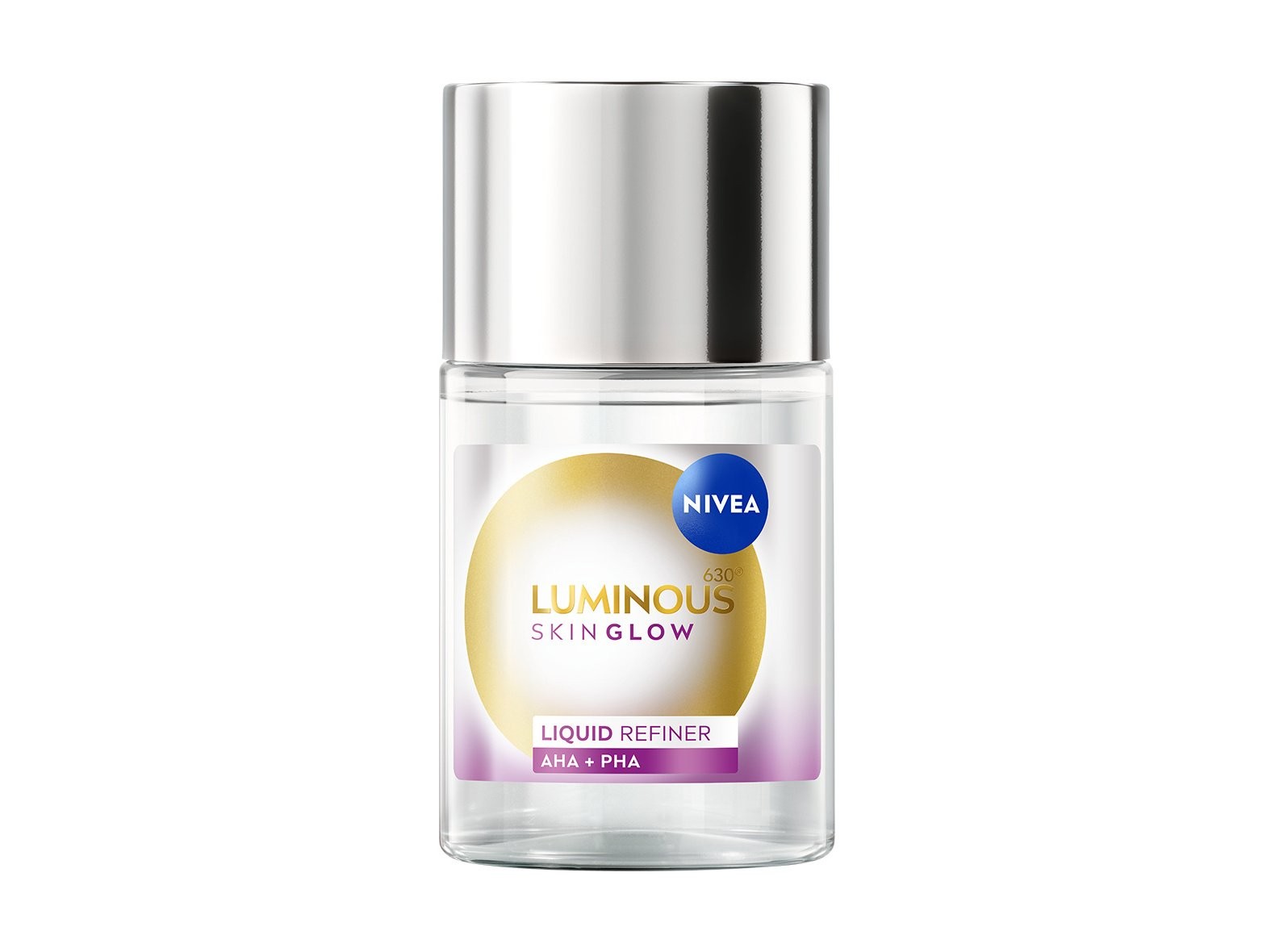Nivea Luminous 630 Skin Glow Liquid Exfoliating Scrub in a clear bottle with a silver cap, featuring a gold and purple label highlighting its AHA and PHA ingredients.