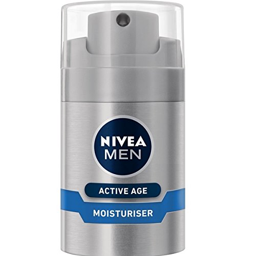 Silver and blue pump bottle of Nivea Men Moisturizing Anti-Wrinkle Lotion, featuring a clear cap and labeled "Active Age Moisturiser" on the front.